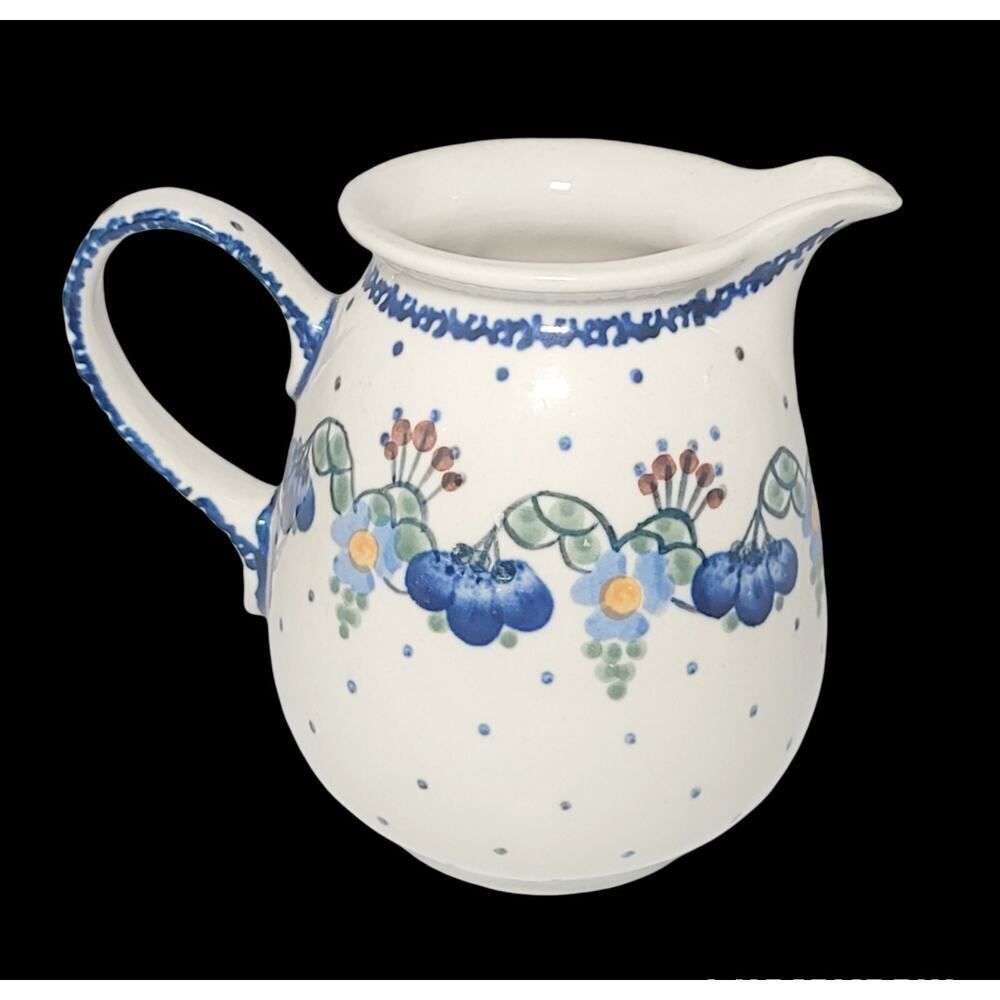 Blue Rose Pottery Handmade Polish Boleslawiec Floral Creamer Pitcher Blue Flower - Picture 3 of 9